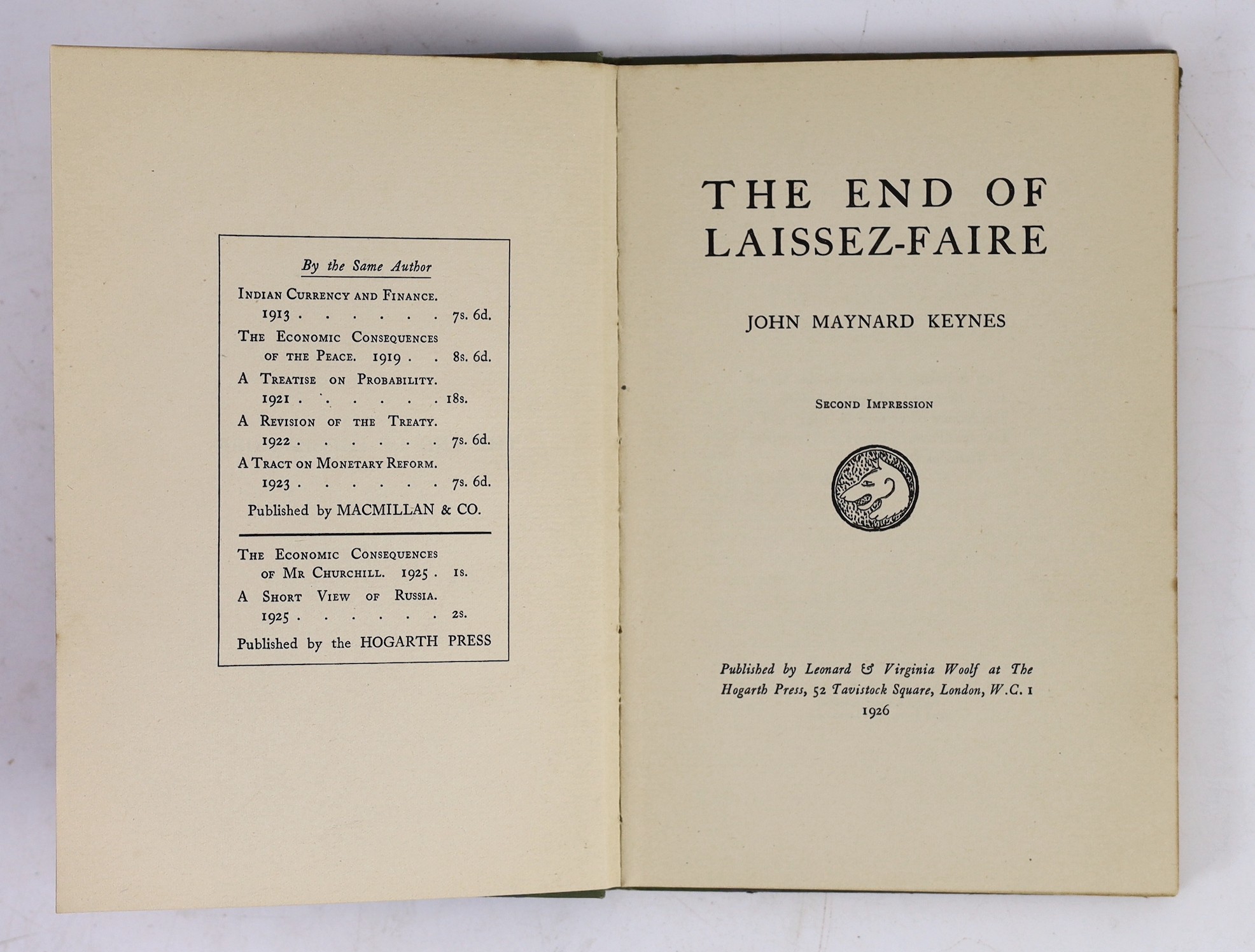 Keynes, John Maynard - A Revision of the Treaty....1st edition. half title and 6pp. adverts.; publisher's gilt cloth. 1922; sold together with these by the same author: A Tract of Monetary Reform. publisher's cloth. repr